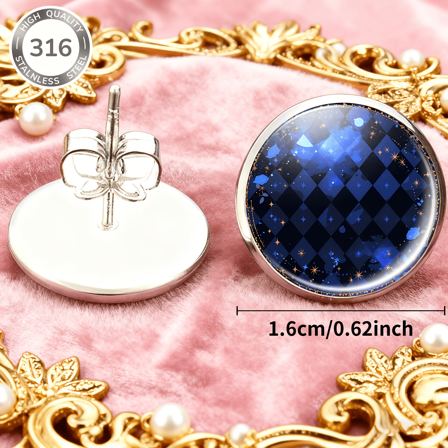 2pcs No-Drill Round Glass-faced Women's Earrings Set, Astronomical Design