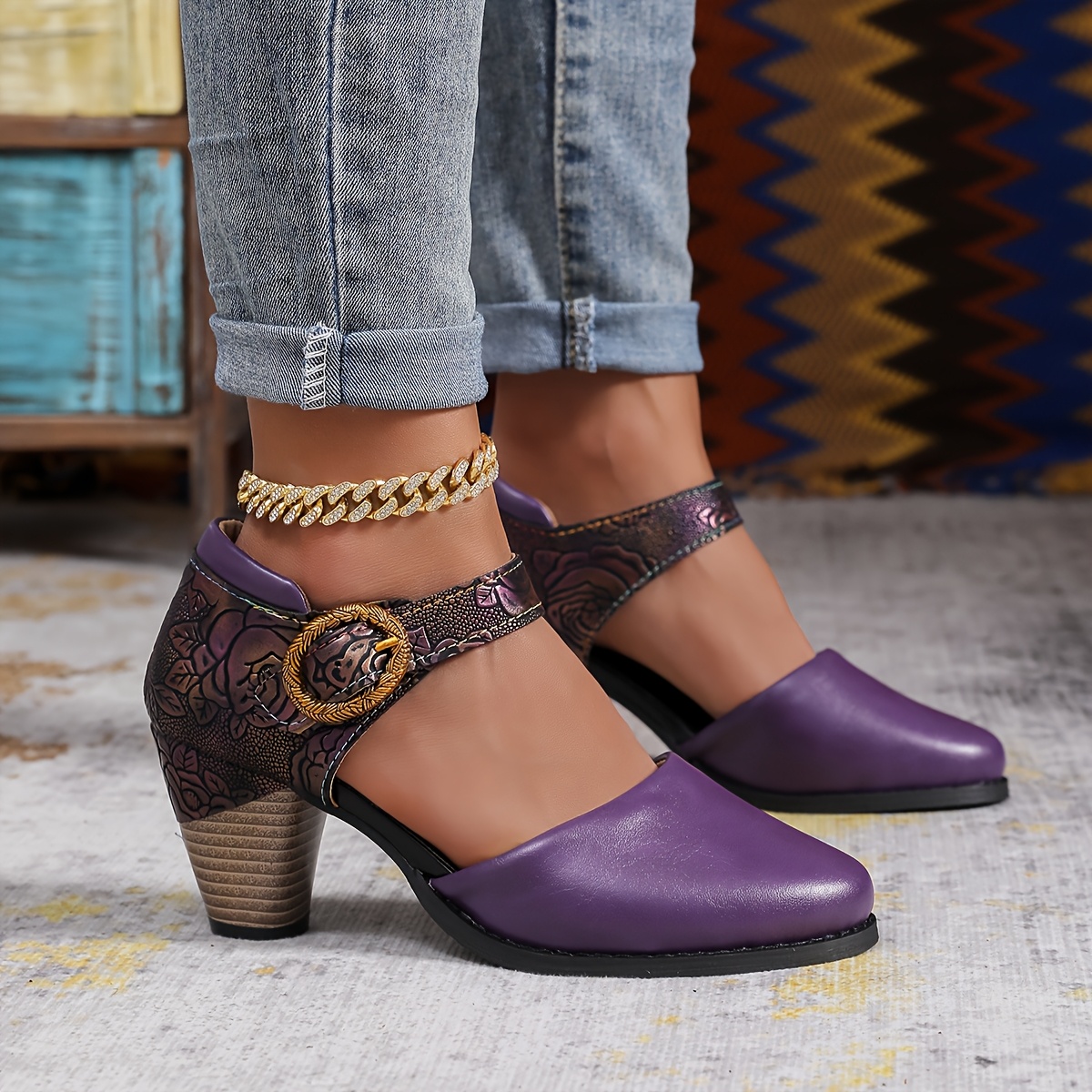 Sandals Womens Dark Purple Dress Shoes Women'S Hollow Ethnic Style Chunky  Heel Sandals, Women Shoes