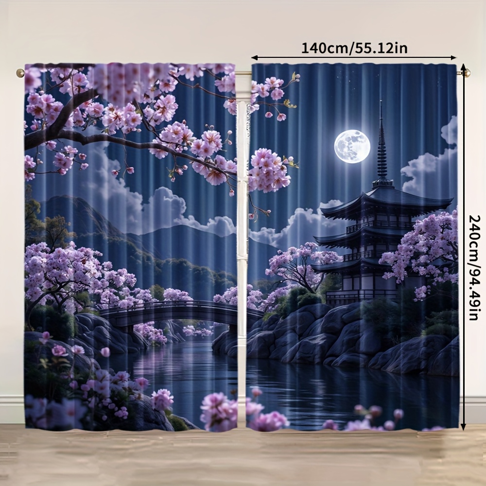 TEMU 2D Plat - 2D Plat - Ensemble de 2, Rideaux Imprimés Plats avec Motif Cerisier Oriental, Fabriqués en Polyester Lavable en Machine, Adaptés à la