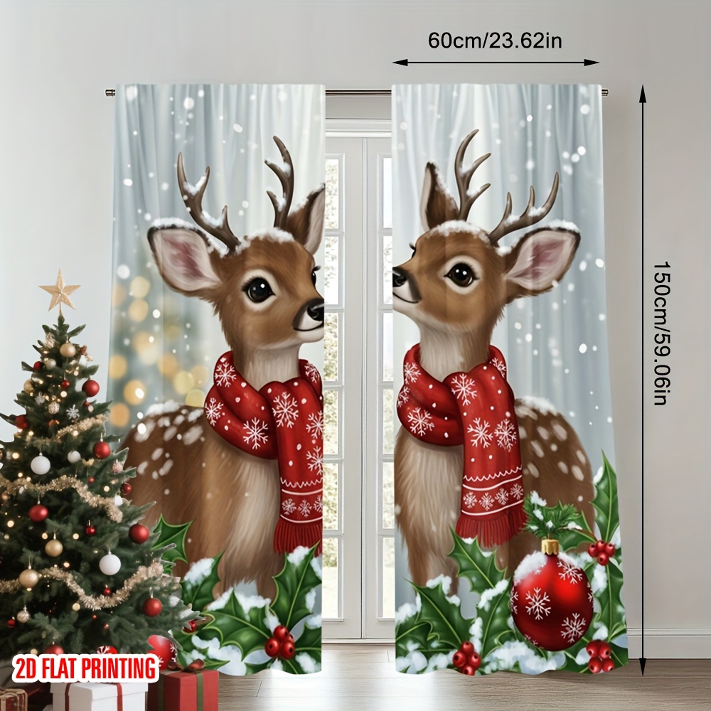TEMU 2D Plat - Ensemble de 2 rideaux de Noël plats imprimés avec des et de , parfaits pour la décoration des fêtes. Fabriqués en polyester imprimé
