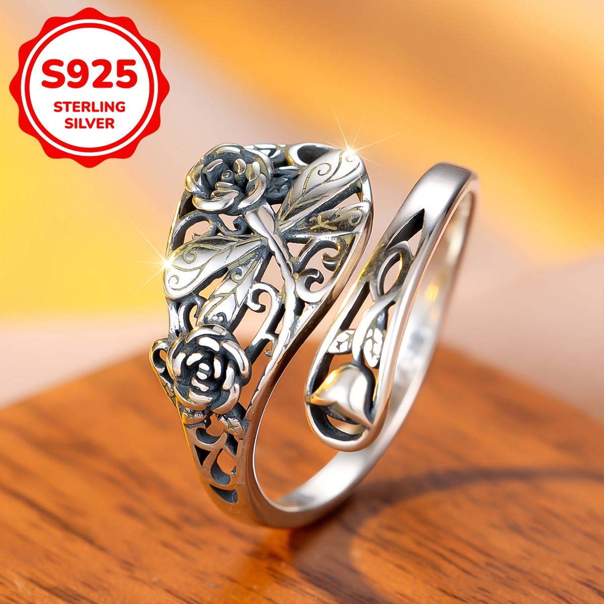 925 Silver Rose & Dragonfly Adjustable Ring Bohemian Style Ideal for Weddings