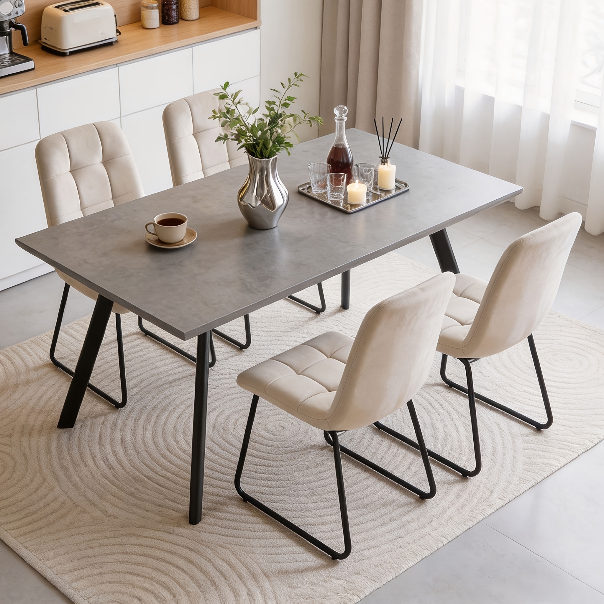 Image of Elegant Dining Table And Chair Set, Beige Flannel Dining Chairs, 2 Chairs/4 Chairs + 1 Table, Upholstered High Back, Stable Golden Metal Legs, Dining Room Room