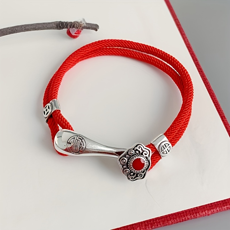 TEMU 1pc Red Rope Bracelet - Retro Ethnic Style Unisex Couple Bracelet Suitable For , Traditional Chinese New Year Luck Gift, For Casual Attire Or