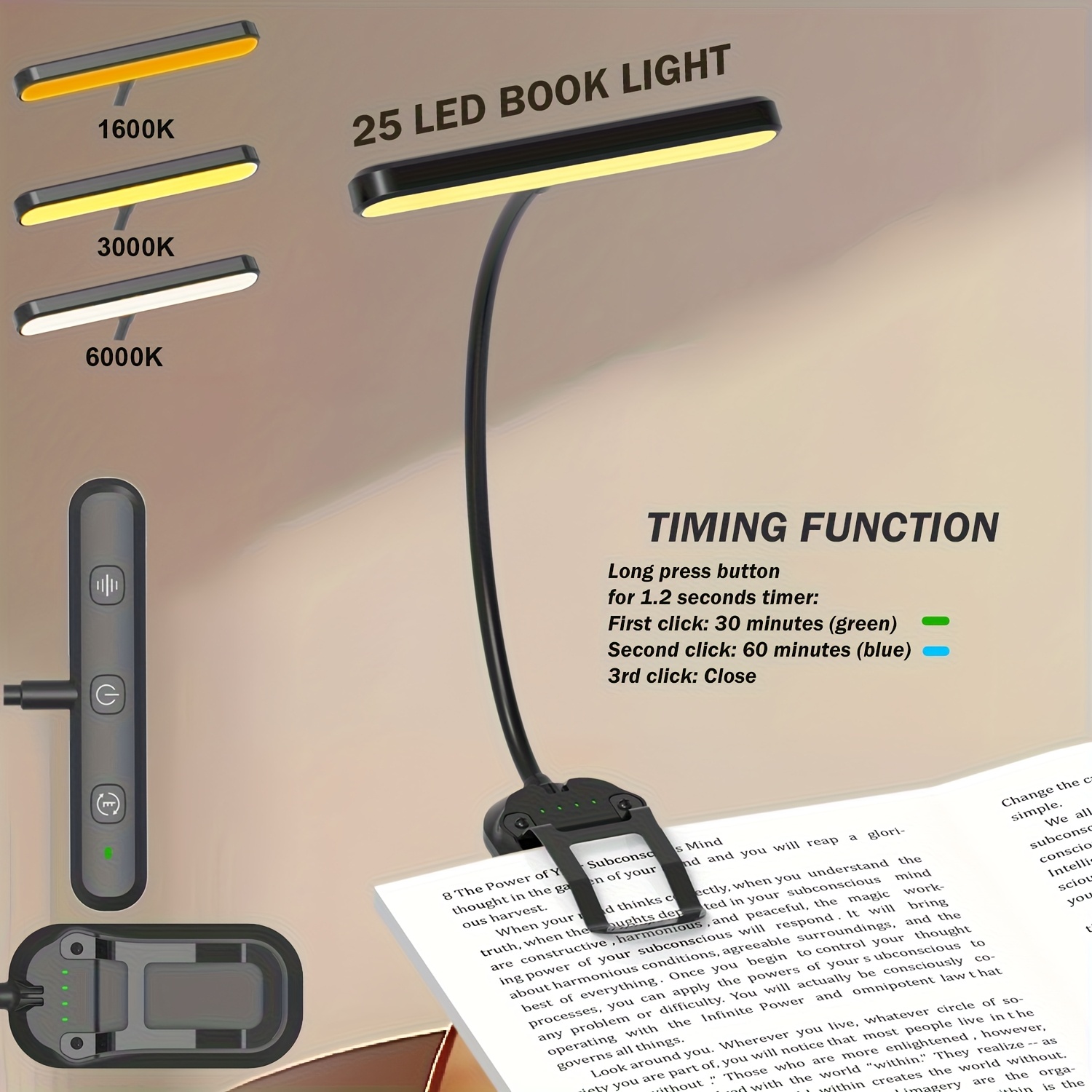 Image of 25 Led Rechargeable Clamp Book Light, 3 Amber Colors & 5 Brightness Dimming Book Lights For Reading At Night, Metal Clips, Timer, Portable Clip On Reading Light For Book Lovers