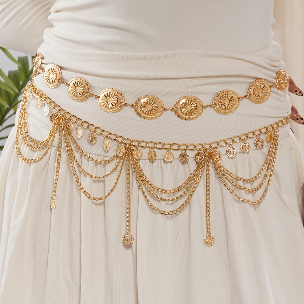 TEMU 2pcs Women's Retro Bohemian Style Daisy Petal And Round Plate Belt, Sexy Arabic Tassel Belt, Fashionable , Suitable For Beach, Vacation, Party,