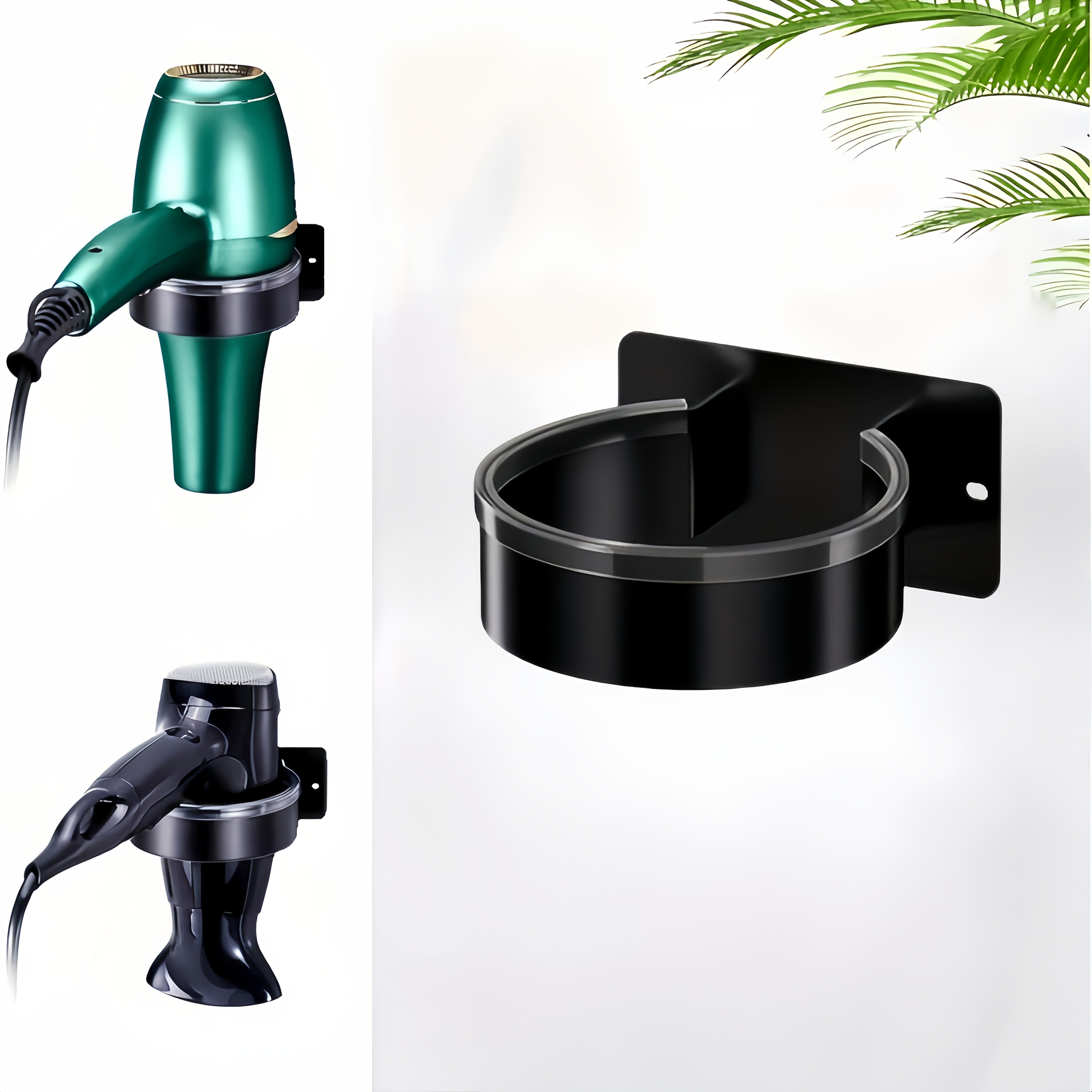 Image of Wall-mounted Hair Dryer Holder Without Drilling - An Aluminum Organizer For Large Hair Dryers And Styling Tools, -efficient Storage Option With Hooks, In Black, Featuring , Secure Wall Installation