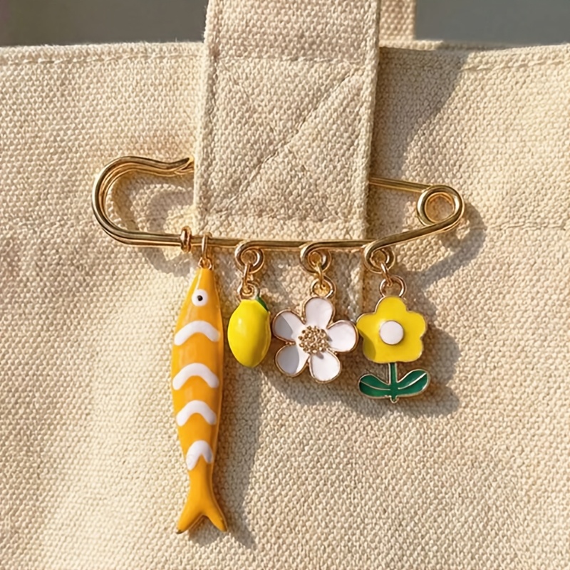TEMU Broche de estilo bohemio con diseño de pescado, flor y limón a rayas amarillas, broche de marinos para vacaciones , hebilla para cinturón de