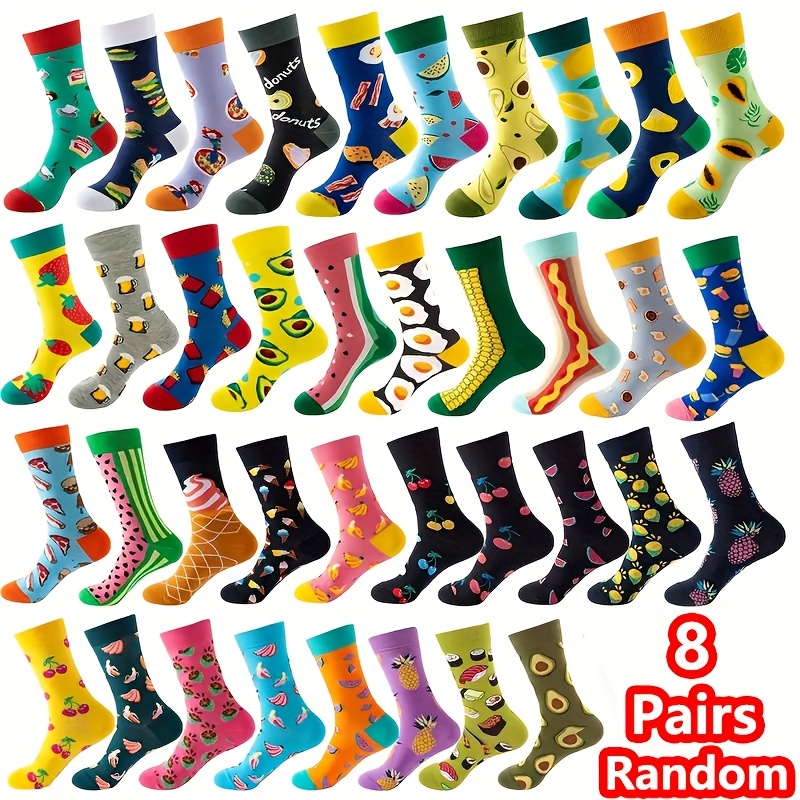 TEMU Random 8/16 Pairs Men Women Pattern Mid-calf Socks Spring Summer Autumn Winter Wearable Watermelon Orange Cherry Pineapple Fun Prints - Colorful