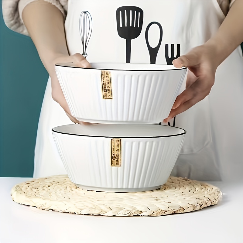 2pcs Set Ribbed Ceramic Soup Bowl - 8 Inch/20cm - White - Perfect For Serving And Storing