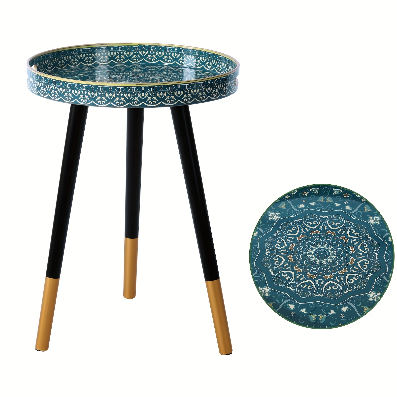 14 Inch Round Side Table With Removable Wooden Tripod Legs, Multi-functional Tray Table, Boho Ottoman Trays For Living Room, Home Garden Yard Balcony