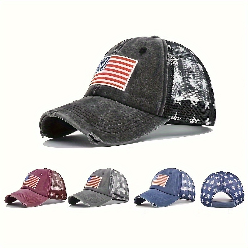 Grey Sports American Flag Hat, Men's 1pc Unique Pattern Outdoor Is Personality and Fishing Hat,Temu