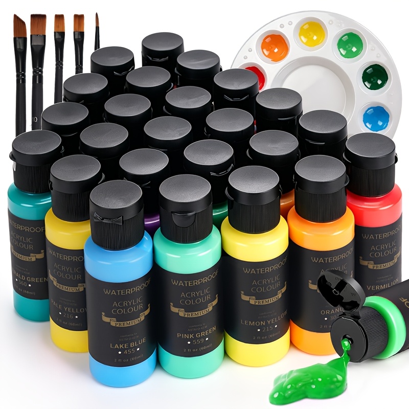 Image of Acrylic Paint Colors (2oz/ Bottle) With 5 Brushes & Palette - Art Supplies For Canvas, Wood, Ceramic, Fabric & More, Rich Pigments For Beginners, Students & Hobbyists