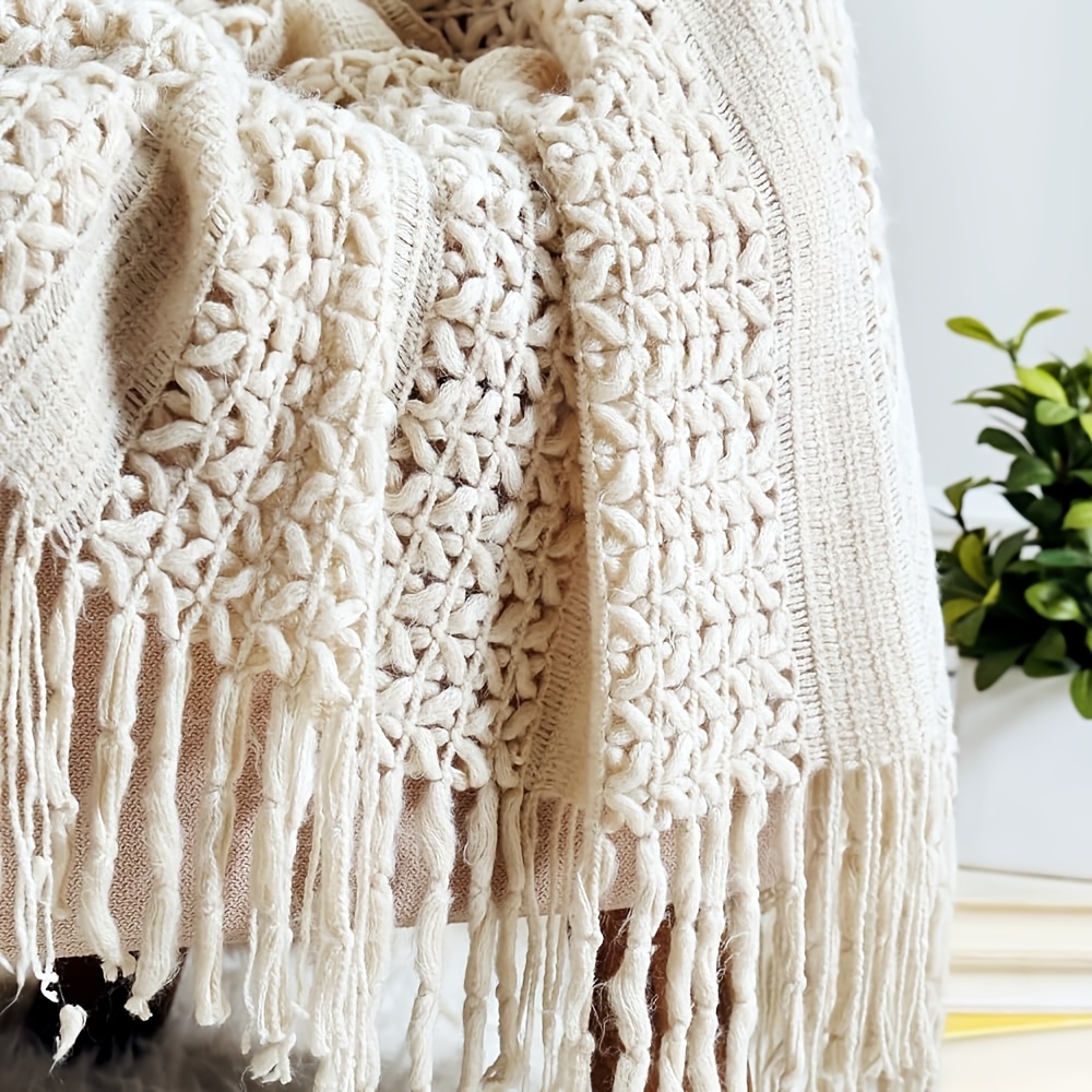 Acrylic Throw Blanket, Lightweight And Soft Cozy Decorative Blanket With Tassels For Travel, Couch, Bed, Sofa, Khaki, Cream White Gift Blankets