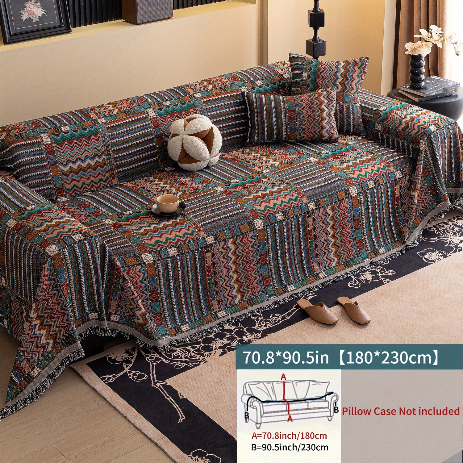 TEMU Jit1 Bohemian Style Colored Sofa Towel - Made Of Chenille Material, Fully Wrapped Sofa Cover, Suitable For , Pet Friendly, With Tassel