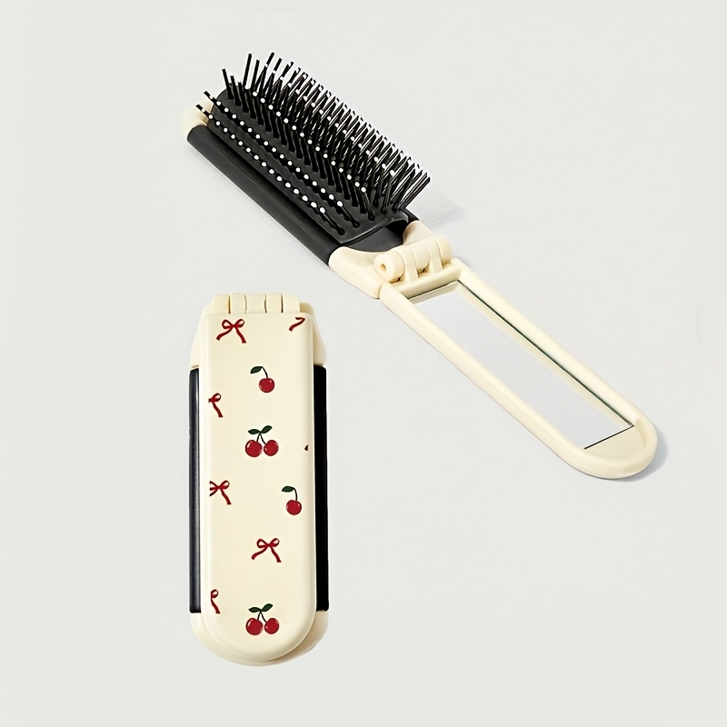 TEMU 1pc Cherry Back To School Print Folding Hair Comb With Mirror, Portable -one Styling Tool