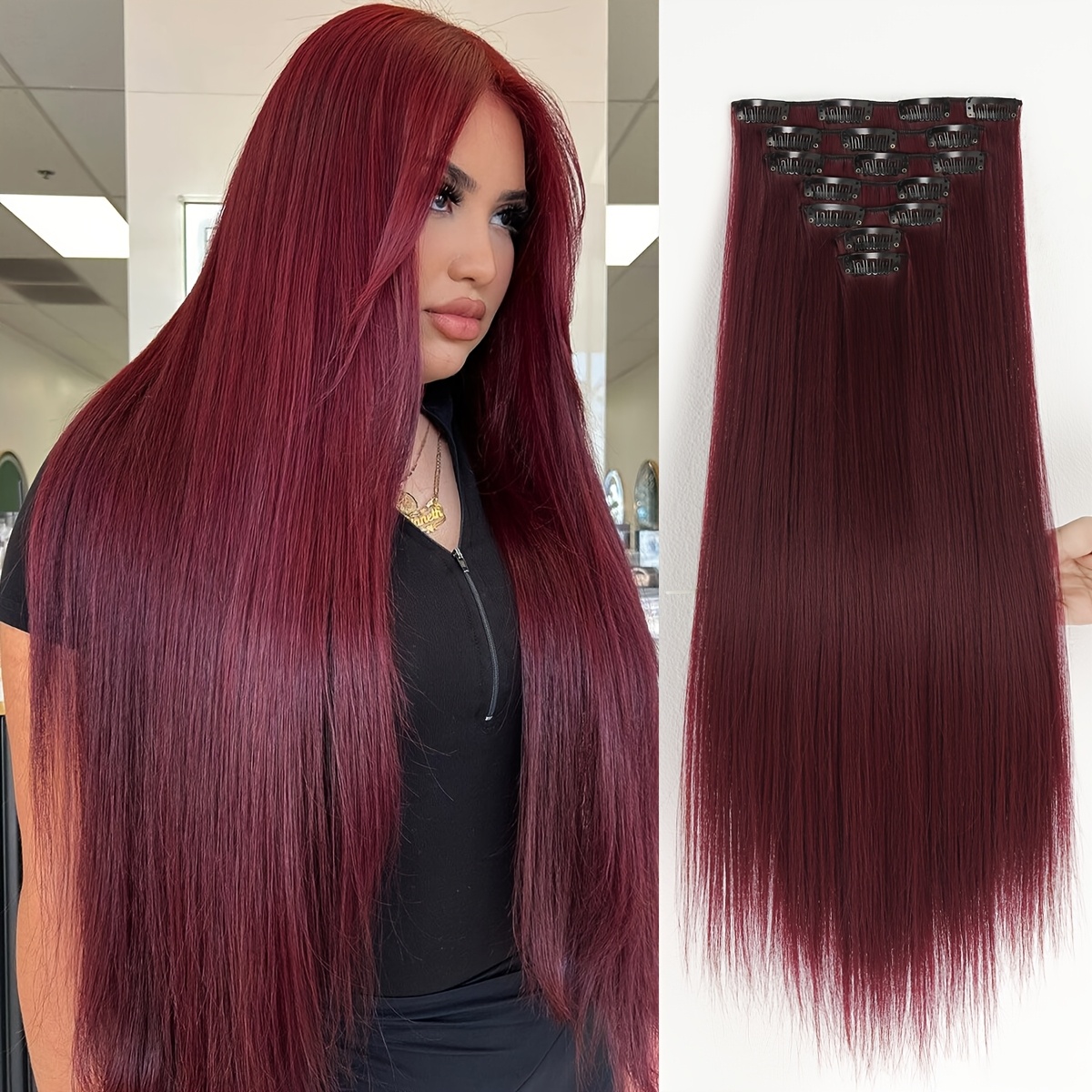 E-shop 7-teiliges Set synthetischer Haarverlängerungen, Vollperücke, Clip-in Haar, Burgunderfarbenes glattes Haar