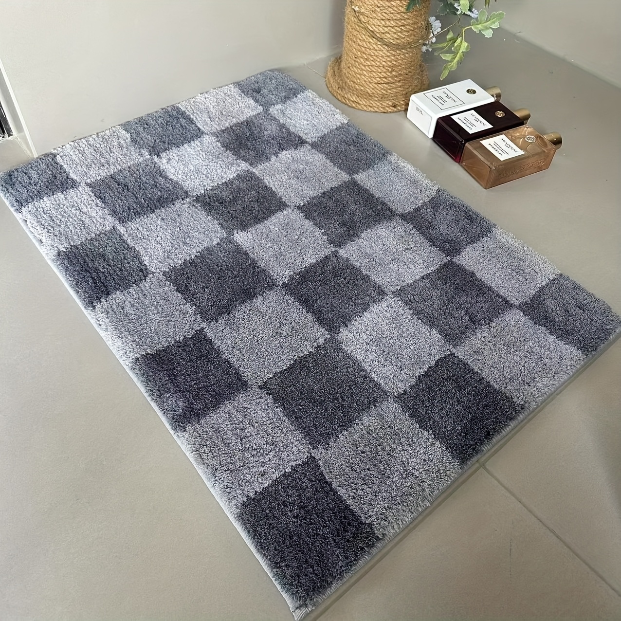   checkered non slip bath mat soft microfiber absorbent machine washable luxurious trimmed door mat for bathroom shower area and home decor     sizes bathroom mat checkered pattern machine washable mat bathroom mat Product details 6