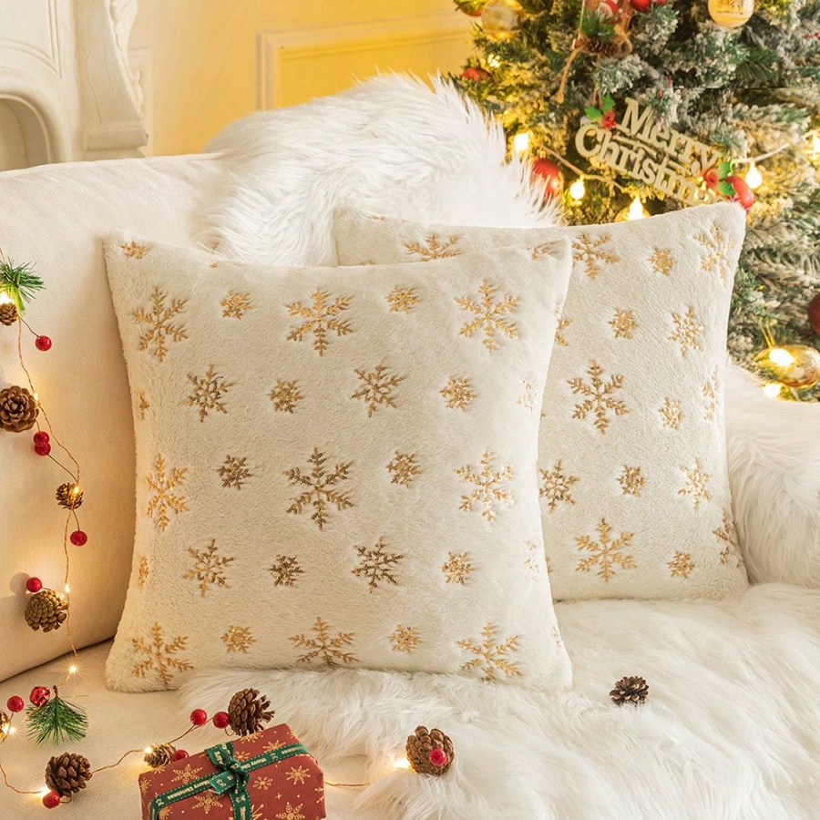 TEMU 2-Pack Sneeuwvlok Glitter Kerst Kussenovertrekken 45x45cm Modern Pluche Polyester Decoratieve Kussensloop voor Woondecoratie