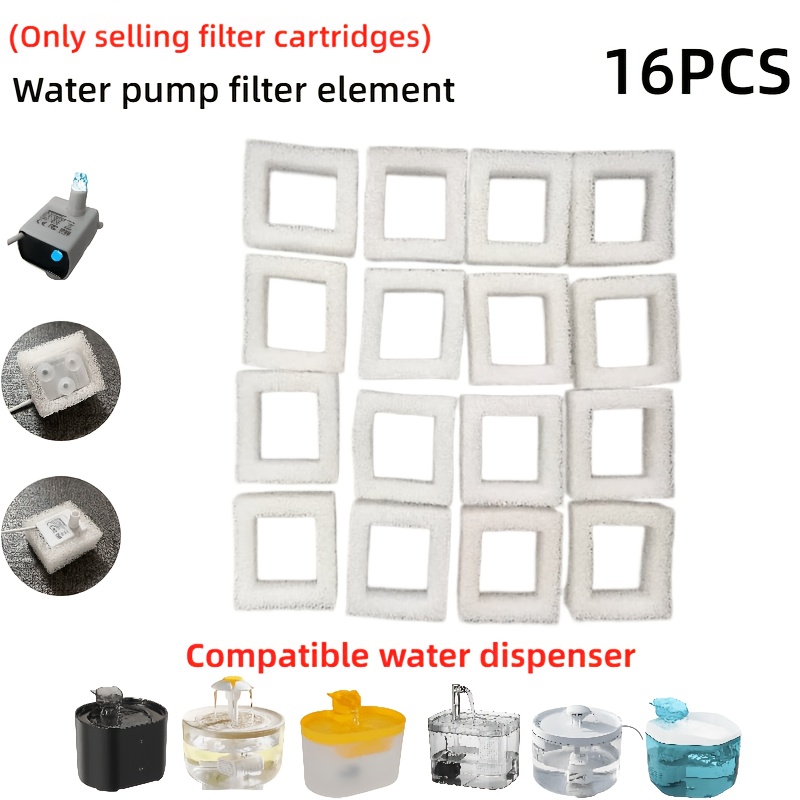 TEMU 16pcs Pack Compatible For Cat Water Fountain Filters, Water Pump Filter Pads & Cartridge Refills Suitable For Pet Water Dispenser, Replacement