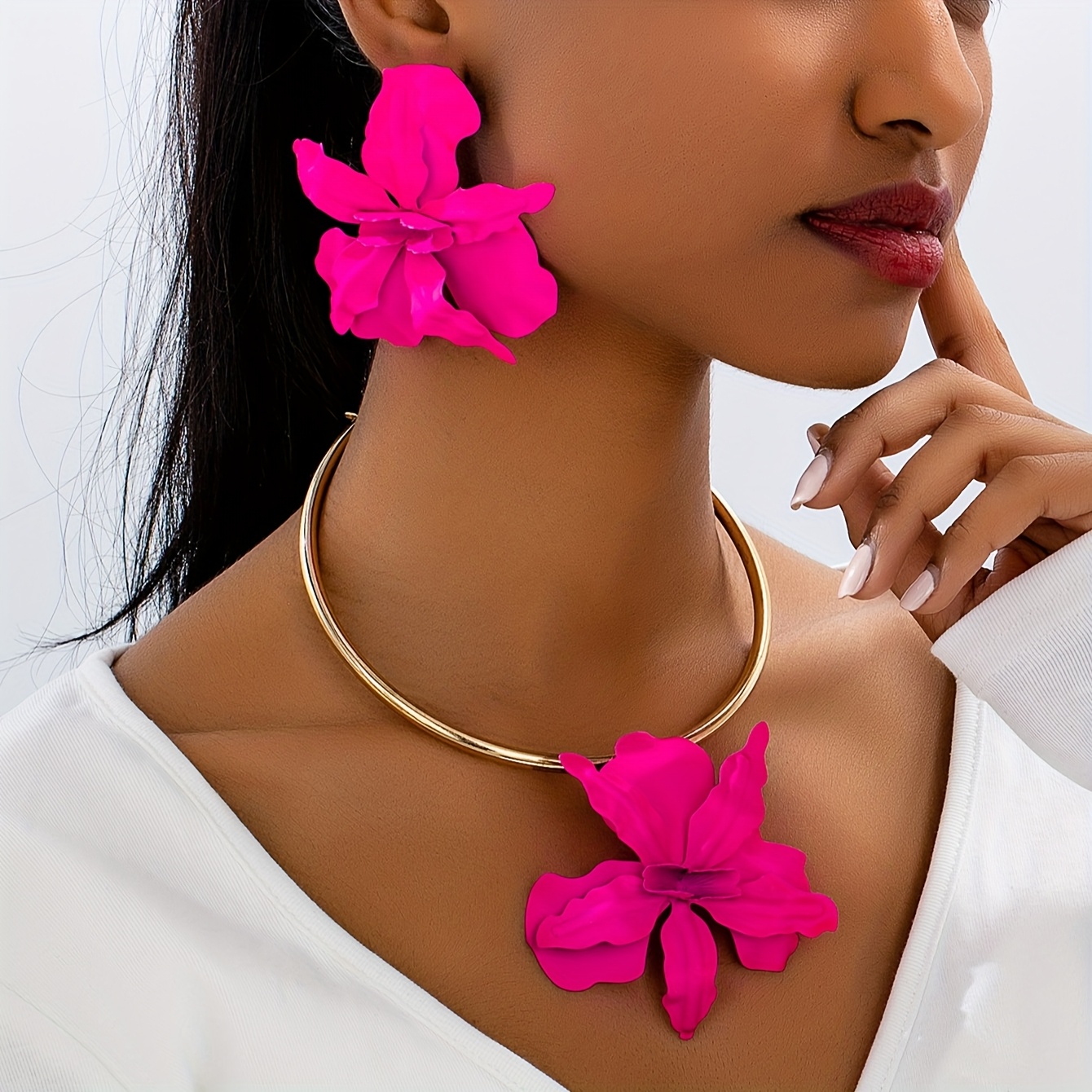 TEMU Ensemble trois pièces tendance style bohème avec pendentif fleur en métal, idéal pour les vacances et des femmes - Collier et boucles d'oreilles