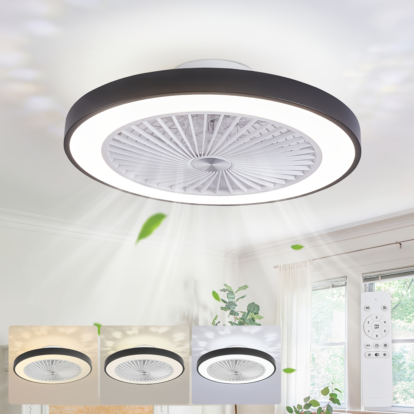 TEMU Ventilateur de plafond avec lumière, ventilateur de plafond encastré à profil bas avec télécommande et contrôle par interrupteur mural, moteur
