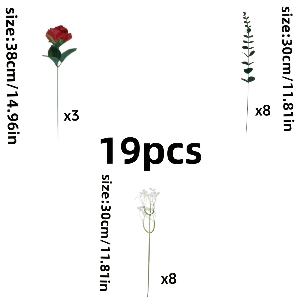 TEMU 19pcs Premium Artificial Red Rose Mixed Bouquet, Including 3 Roses, Baby's Breath, And 8 Eucalyptus Stems. Rich Layering A Full And Atmosphere,