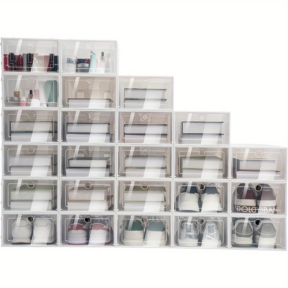 

12/ 24 Pack Stackable Clear Plastic Shoe Storage Boxes Clamshell Foldable Shoe Organizer Shoe Container With Round Holes Shelf Baskets