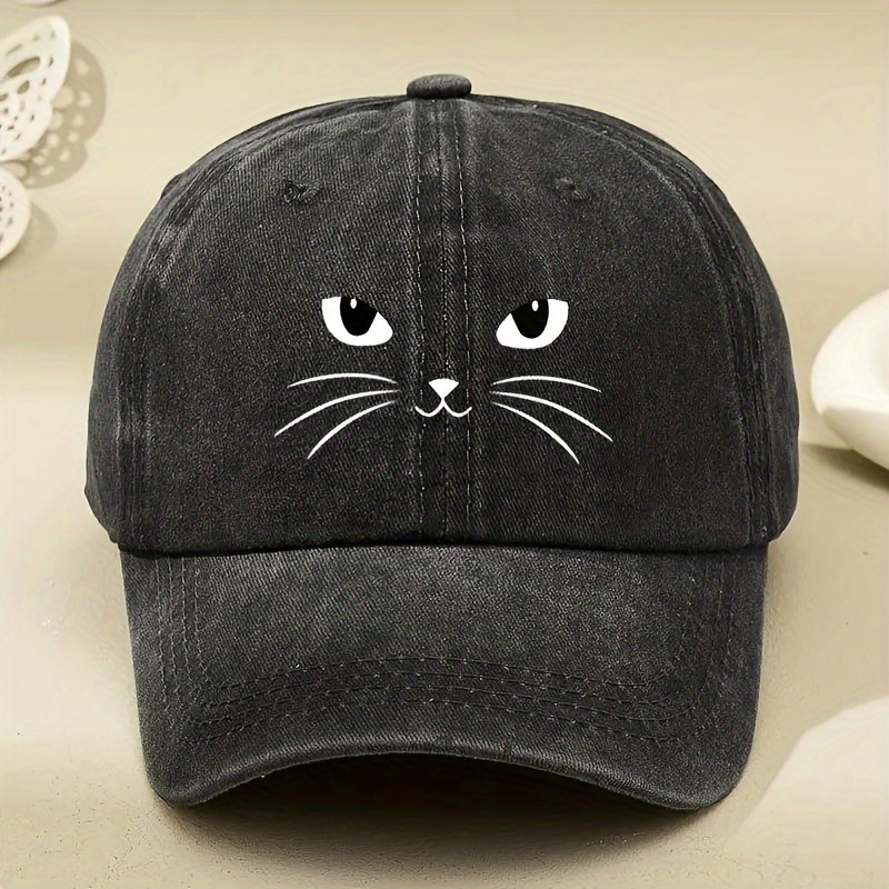 TEMU 1pc Cute Cat Printed Baseball , Cartoon Solid Color Washed Duck Tongue