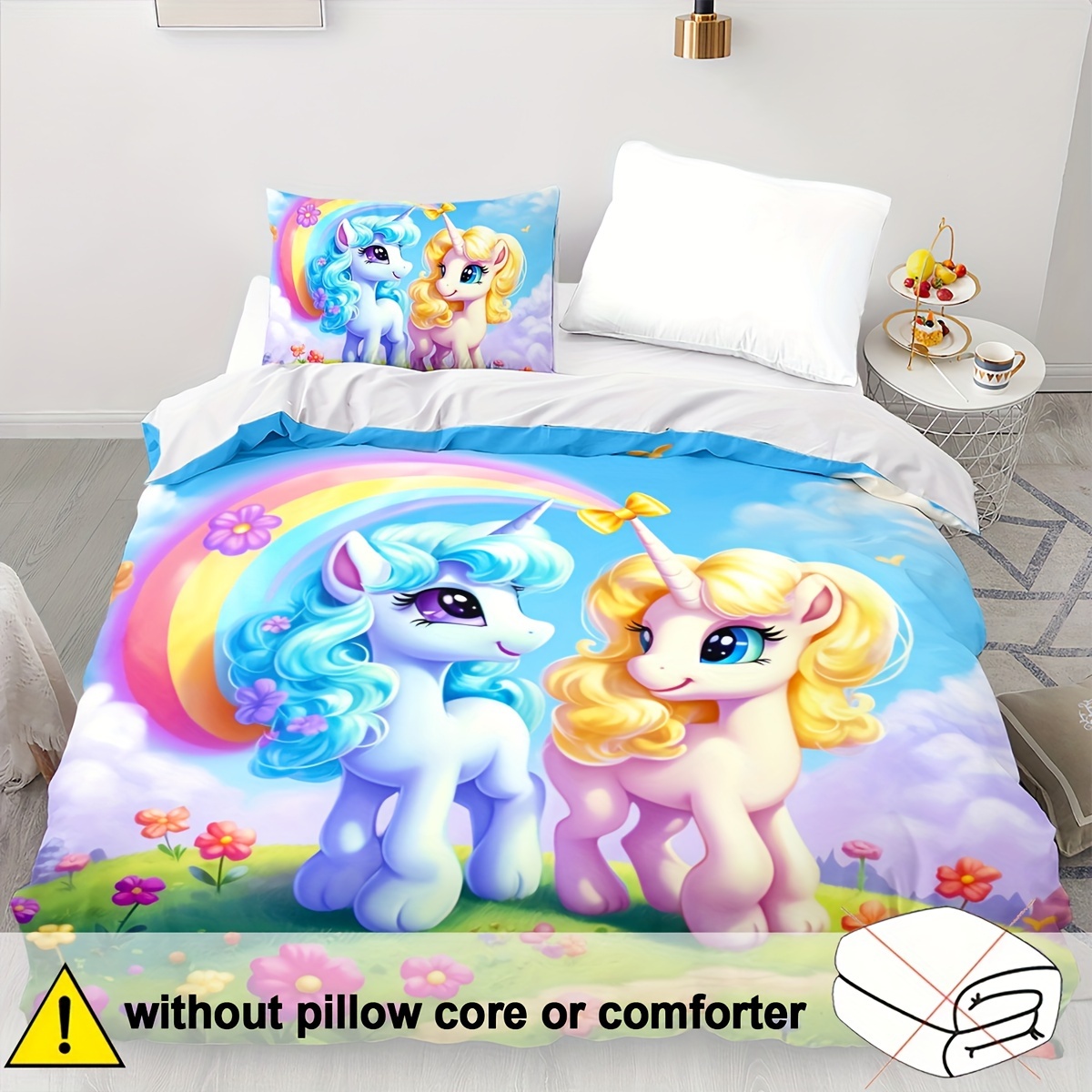 2/3pcs Cartoon Bedding Set Animal Duvet Cover Set Rainbow Horse Comforter Cover Bedroom Decor 2d Unicorn Flat Printing (includes 1 Duvet Cover + 1/2 Pillowcases )