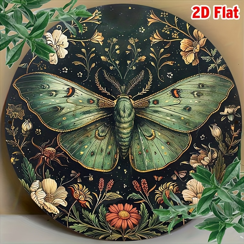 TEMU 2d Flat - 1pc Of Moth And Floral Aluminum Metal Sign - 8x8 Inch Round Vintage Wall Art Featuring A Aesthetic, With A Teal And Golden Botanical
