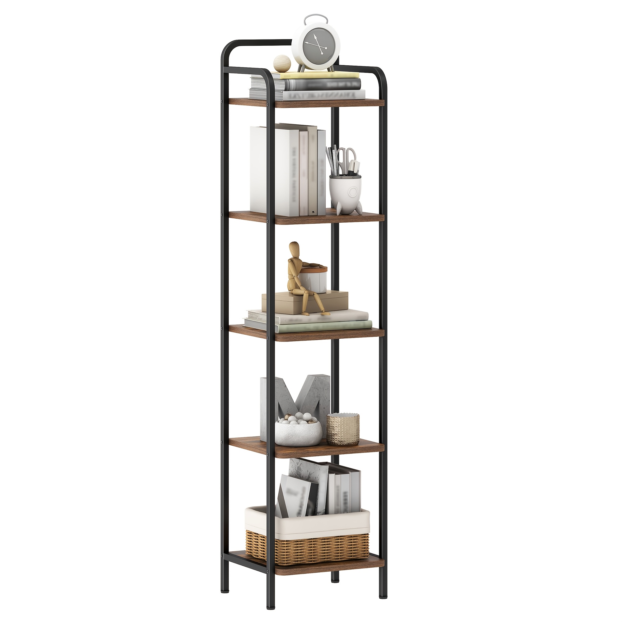 Image of Bookshelf With 5 Or 6 Tiers, , Suitable For Corners, Ideal For Storage In For Home Offices, Living Rooms, Bedrooms, And Kitchens, Featuring A Rustic Brown And Black End
