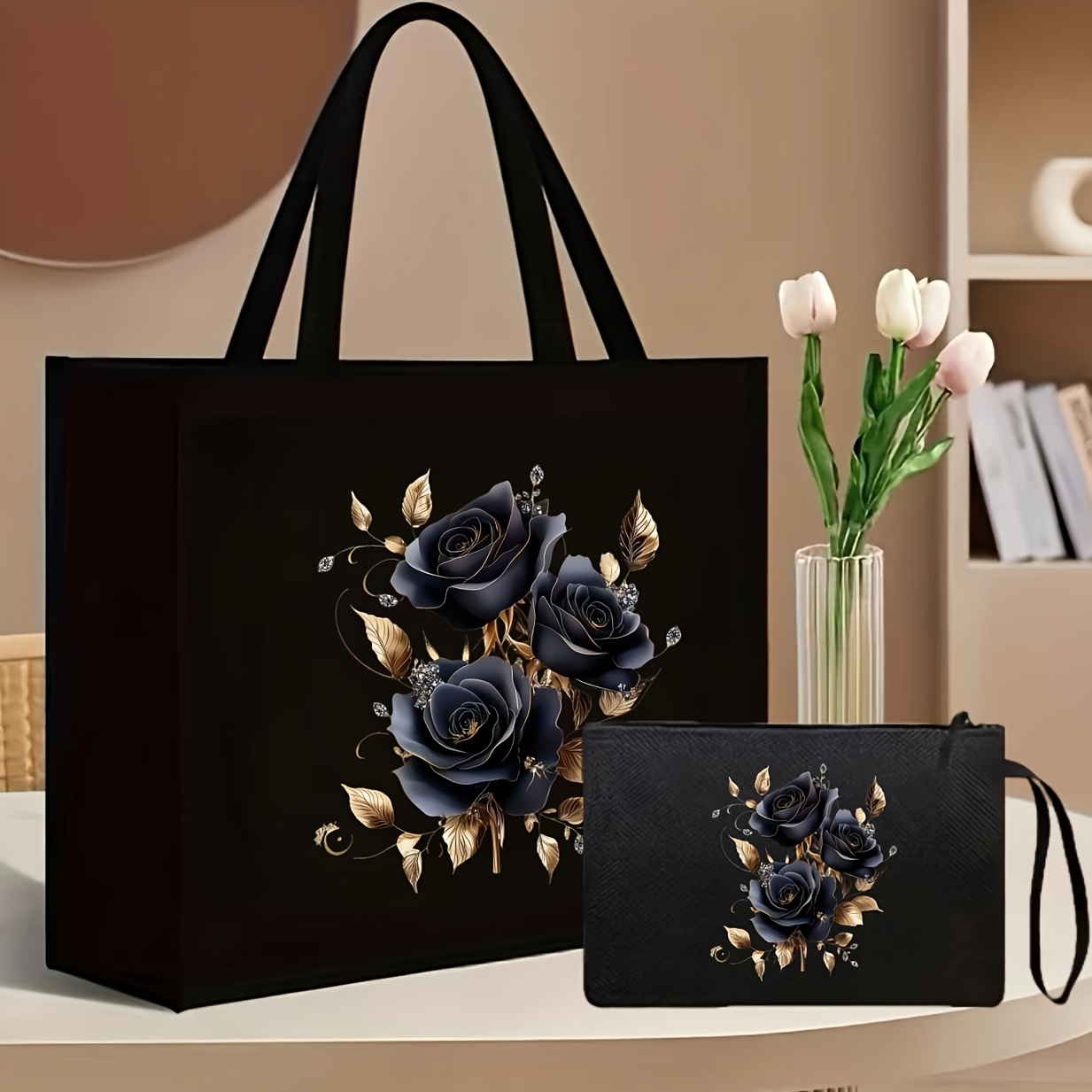 E-shop Eine Damen-Anzugs-Tasche mit dunkelrosa Blumenmuster, inklusive Kulturtasche, Kosmetiktasche, Aufbewahrungstasche und Münzfach, geeignet für den