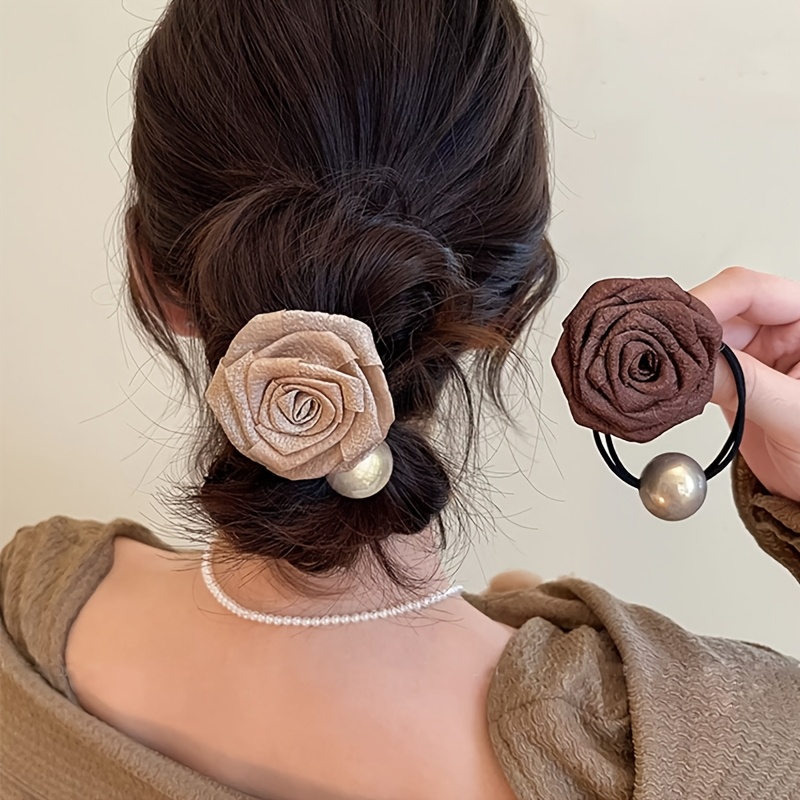 TEMU 2pcs Set Of Meiluo Rose Hair Ties - High-elastic Floral Pattern Headbands, Women's Hair Additions, Suitable For Casual And Formal Styles, Cute
