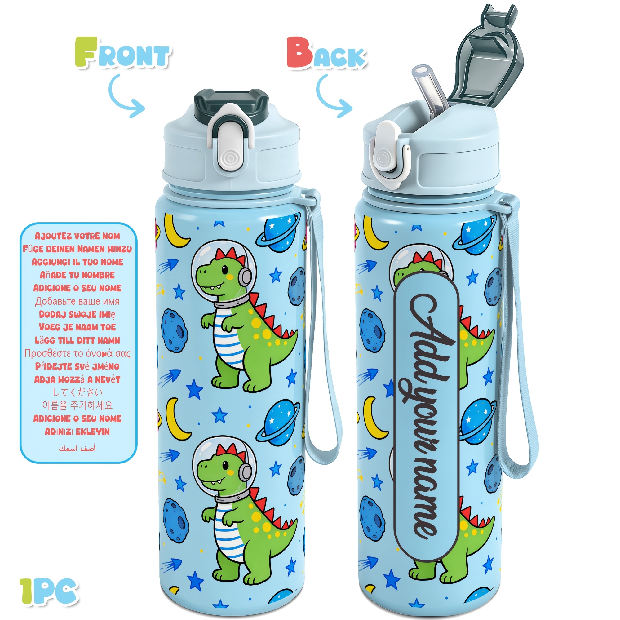 TEMU 1pc, Personalized Dinosaur Space Custom Name 25oz 750ml Leak Proof Sports Water Bottle, Reusable Drinking Cup For Outdoor Gym Hiking Cycling,