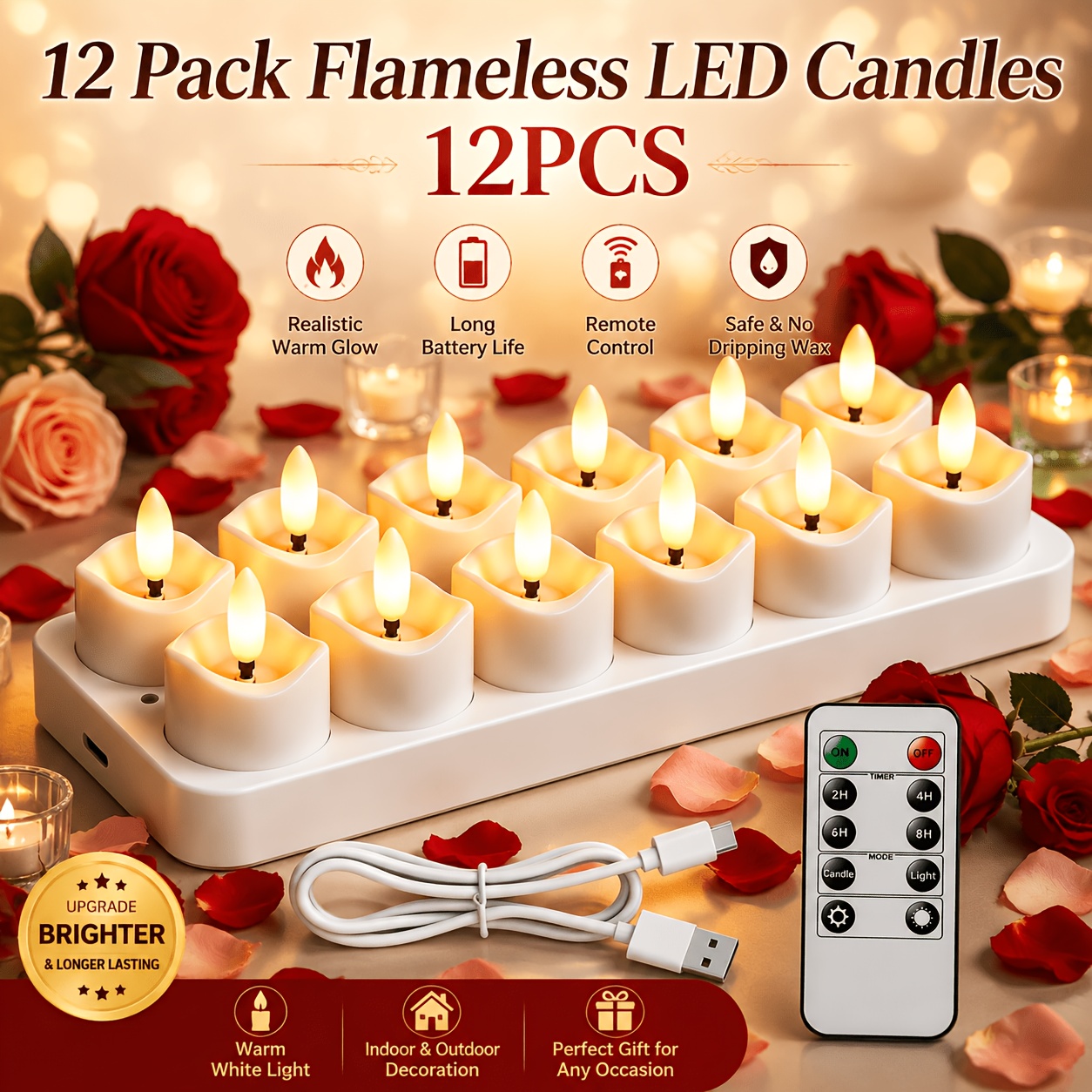 TEMU 12/6pcs Led Flameless Candles With Remote Timer, Rechargeable Battery Operated Set, Decorative Candlesticks For Christmas Halloween Wedding