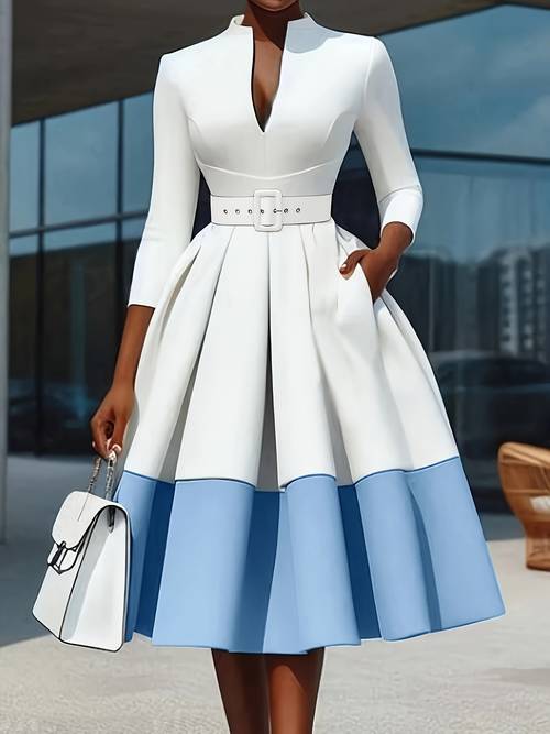 elegant white light blue two tone midi dress with v neck three quarter sleeves and belted waist spring summer fall versatile for commuting and parties casual elegant wear belted waist dress silhouette