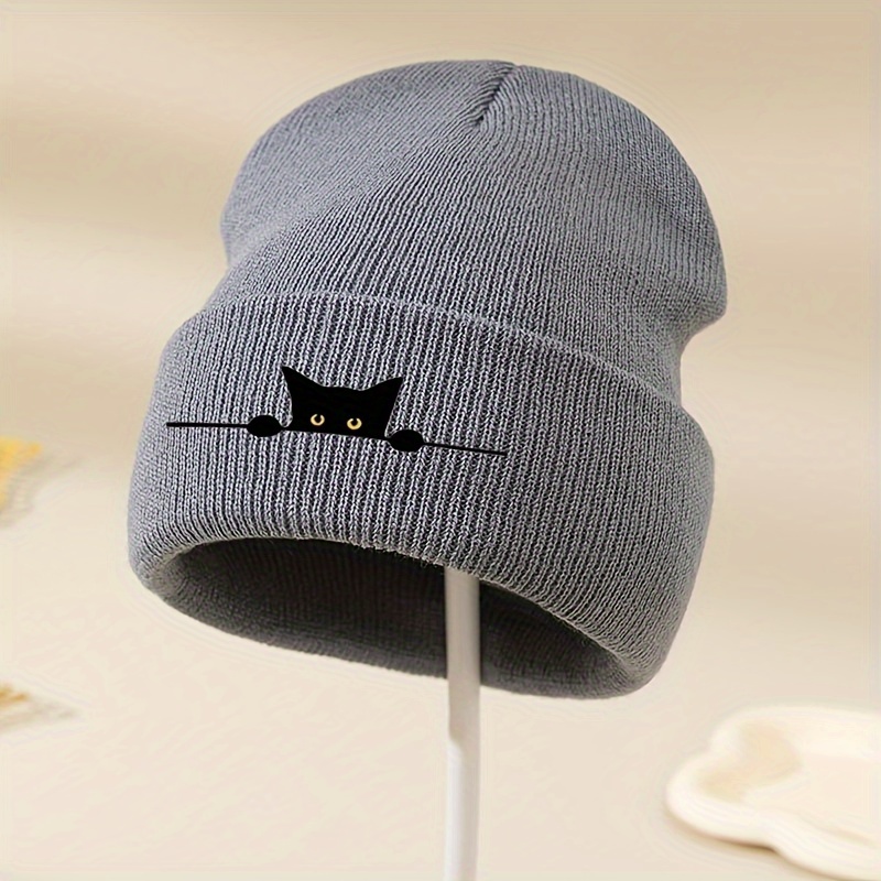 

Chic Black Cat Embroidered Beanie - Cozy Knit Winter Hat For Women, Stretchy & Machine Washable