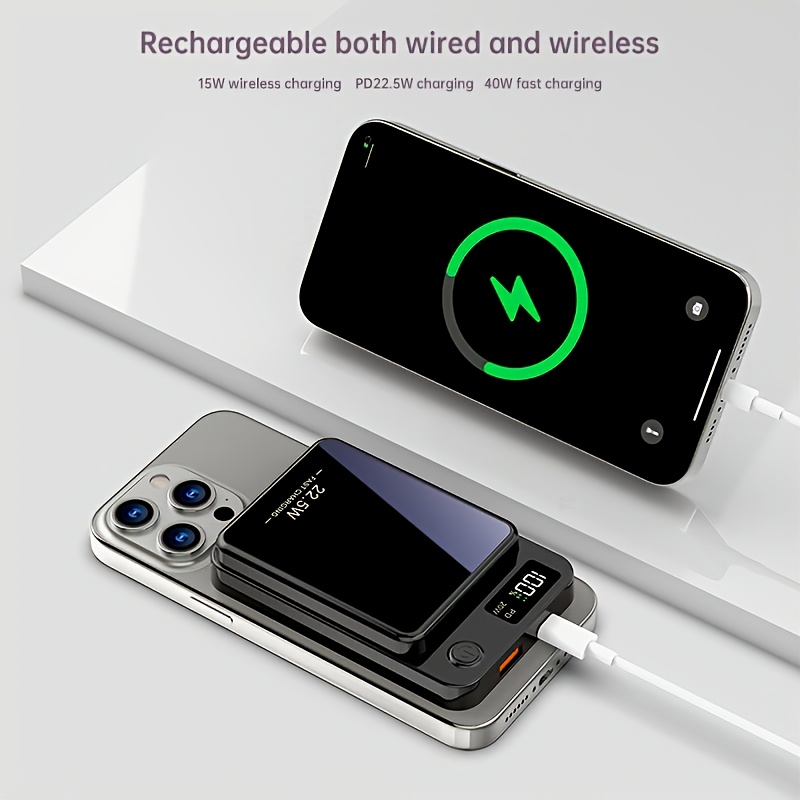 Magnetic Wireless Charging Power Bank, 5000/10000mAh Battery 15W Fast Wireless Charging 22.5W PD Fast Charging Power Bank, 2 Outputs And Dual Input External Battery Pack for Ios 16/15/14/13/12/11 And Other Android Universal