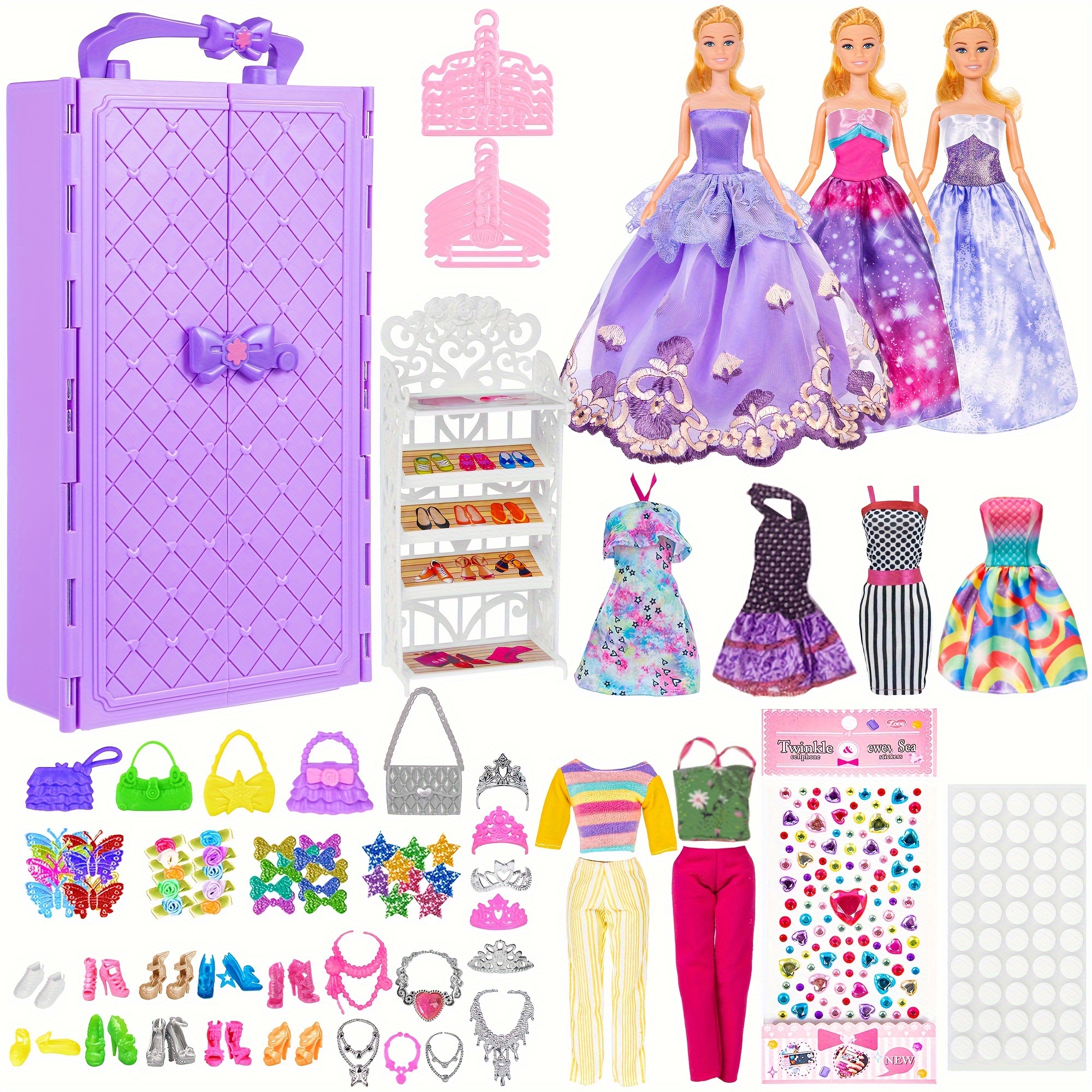 

11.5 Inch Girl Doll Closet With Clothes And Accessories Set 91 Pcs Including Princess Gowns, Fashion Dresses, Shoes, Hangers, Bags And ( Doll)