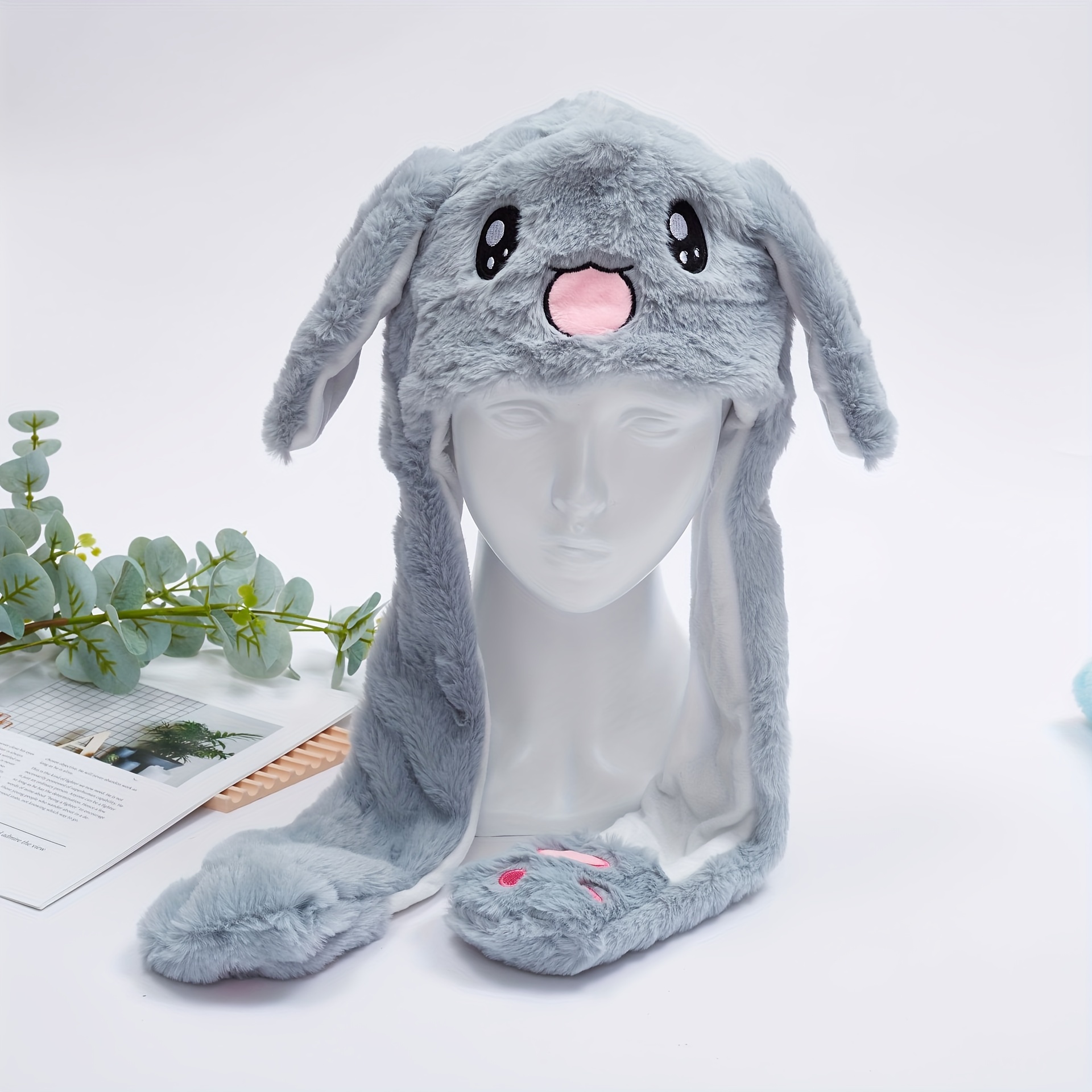 Wool with flannel lining Gray and White Bunny Ear Hat Bunny Ears White with Grey Beanie Hat - Huggalugs main image 4