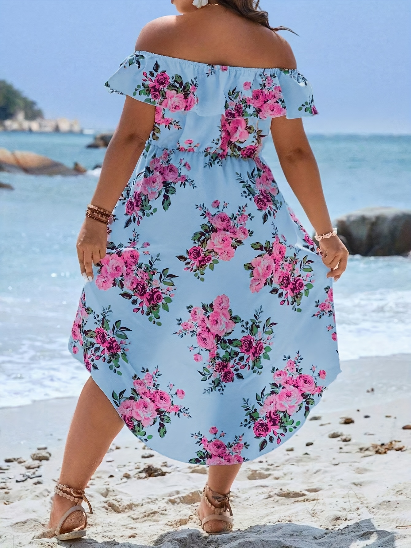 plus size shoulder floral beach dress light