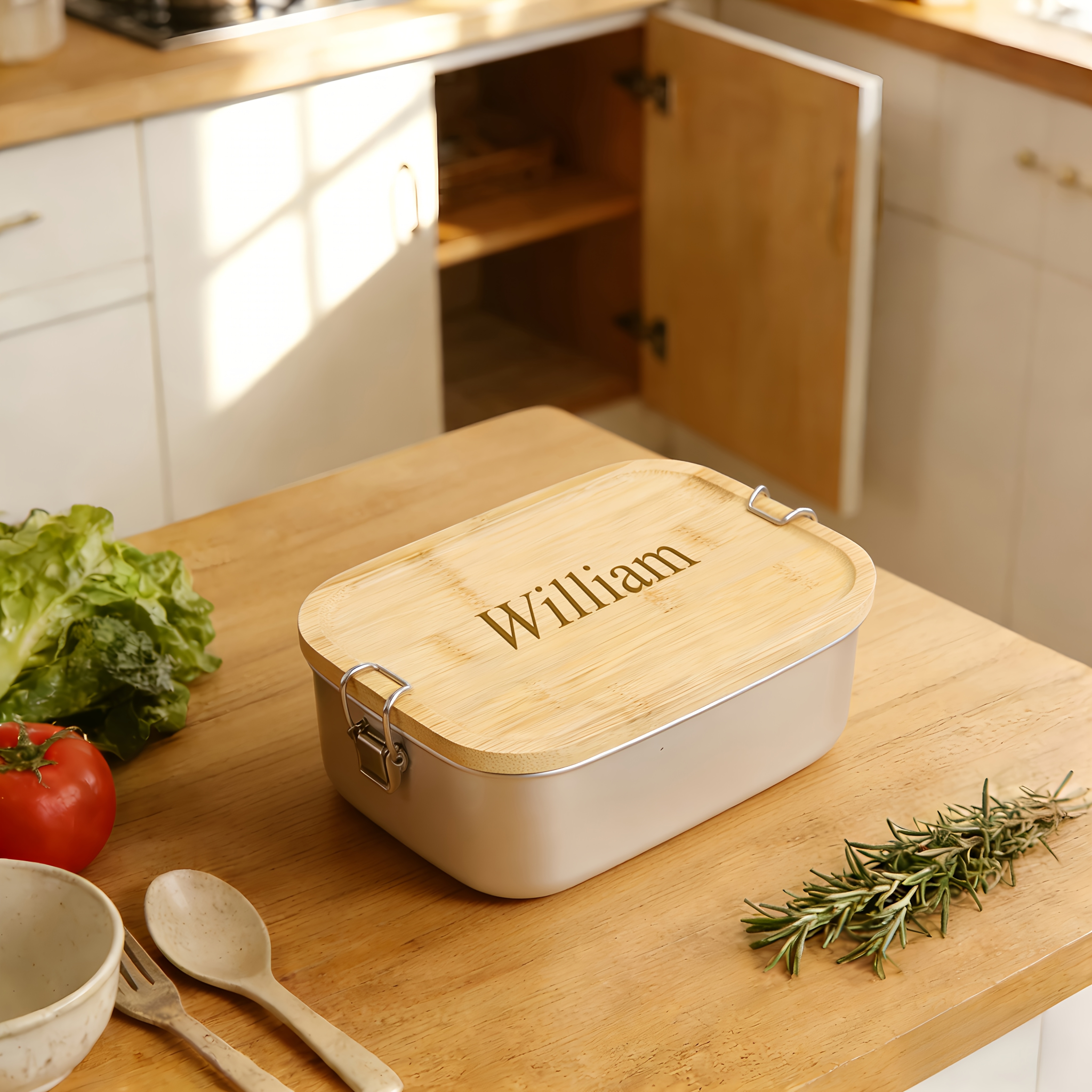 1pc Custom Bento Box | 1200ml, Three-compartment, Personalized Name Engraved, Rectangular Lid, Microwave Safe, Christmas Gift
