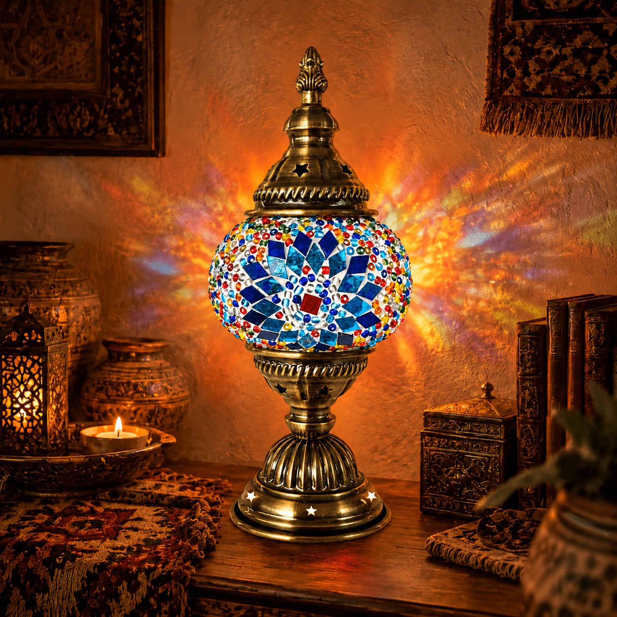 TEMU Turkish Handmade Mosaic Table Lamp, Vintage Bronze Moroccan Stained Glass Night Light, Projection Decor Lamp, Bohemian Accent Lamp For Bedroom