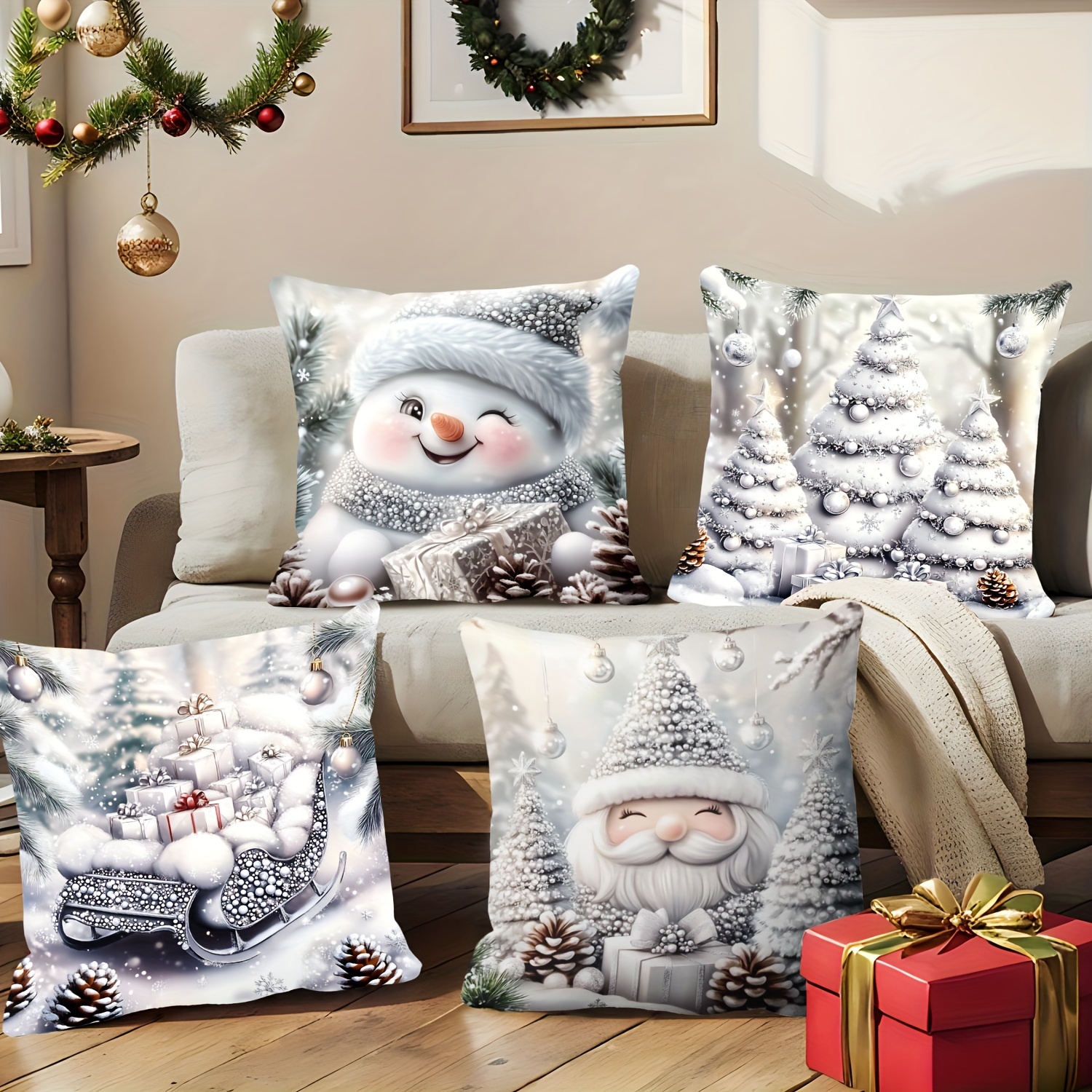 

4-pack Christmas Tree & Snowman Pillow Covers, 18x18 Inches, Soft Polyester Throw Pillow Cases With Zipper Closure, Washable, Holiday Decor For Living Room & Bedroom Sofa - Printed Cushion Covers Only