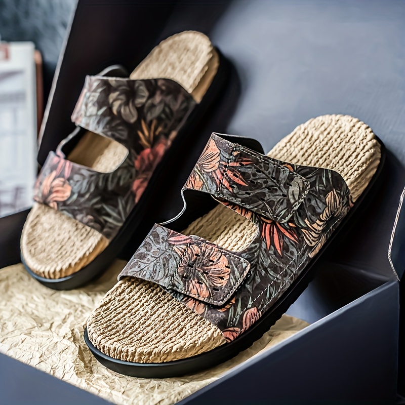 mens slip on sandals tropical floral     dry pu upper cushioned eva insole non slip pvc sole for pool vacation casual outdoors slip resistant footwear brown   blue   white lightweight summer footwear for men poolside footwear stylish   durable trivet   slides trendy slides breathable slides   Product details 1