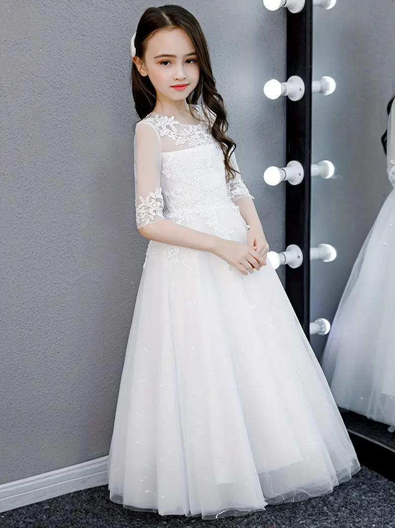 Long White Lace Mesh Dress for Girls' Clothing, 10-12 Years Old Princess Dress, Elegant Girl Dress, Four-Season Style, Three-Quarter Sleeve Long White Lace Mesh Dress for Girls' Clothing, 10-12 Years Old Princess Dress, Elegant Girl Dress, Four-Season Style, Three-Quarter Sleeve