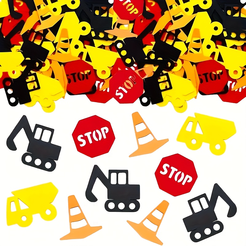 Image of 100pcs Of Construction-themed Party Snowflakes - Paper Excavators And Stop Signal Cutouts, Suitable For Birthday Decorations, Themed Events, And Photo Props