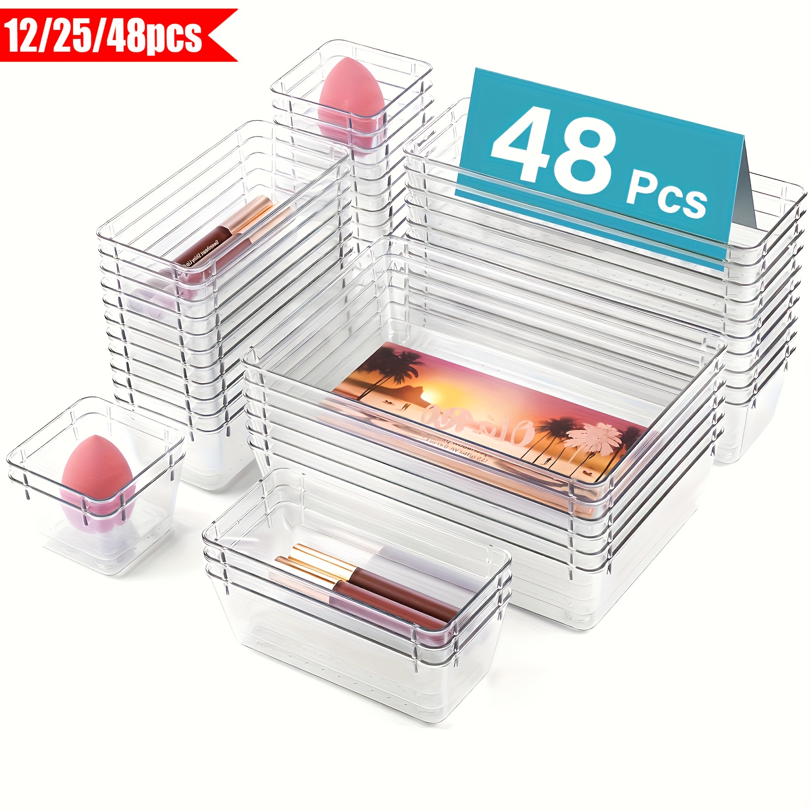 thelife 48 25 12pcs clear plastic drawer organizers set 6 size versatile bathroom and vanity desk organizer trays storage bins for makeup bedroom kitchen gadgets utensils and office desk drawer organizer for home storage