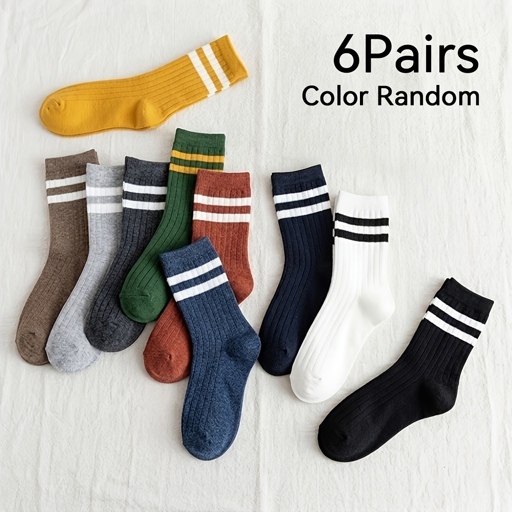 TEMU 6 Pairs Random Color Striped Solid Mid-calf Socks, Unisex Casual Socks, Outdoor Socks, All-match Striped Athletic Socks, Daily Socks,