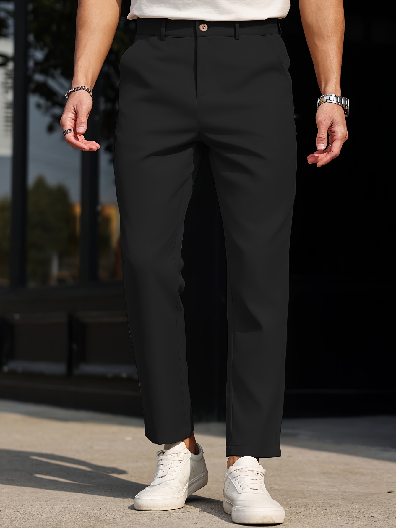 Men's Slim-Fit Casual Dress Pants - Solid Beige, Machine Washable, Straight Leg Design with Side Pockets, Perfect for Business or Leisure Outings, Allseason Trousers | Straight Leg Pants | Internal Zipper Closure